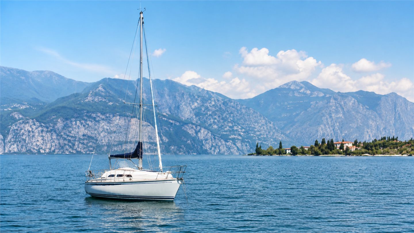 A white sailboat on calm blue water beneath a mountain range