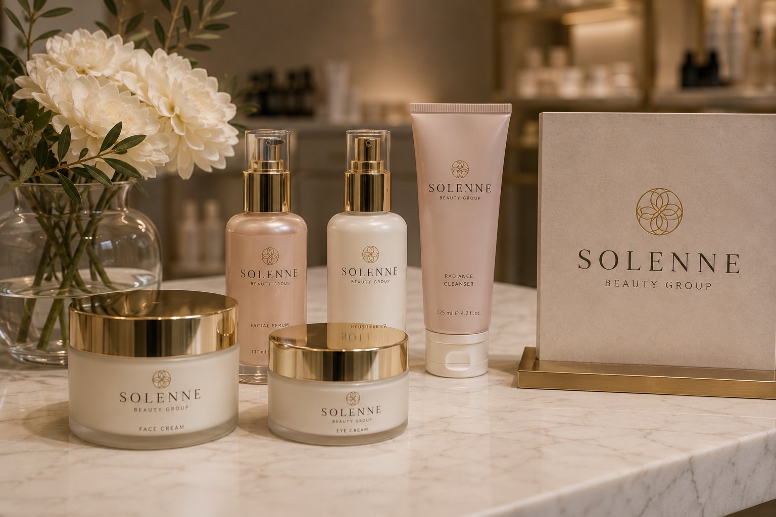 Solenne Beauty Group skincare products on display